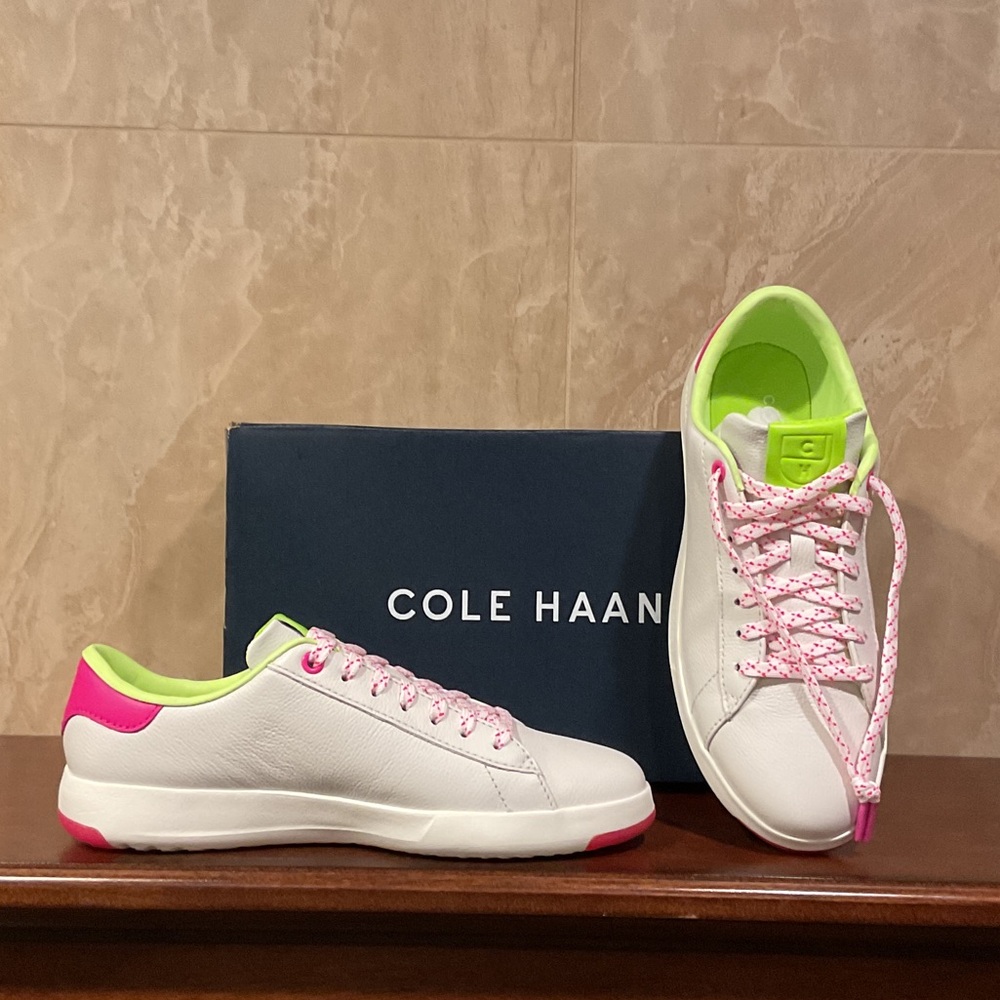 Cole Haan Women's White Sneakers with Pink and Green Accents, Sz 7B
